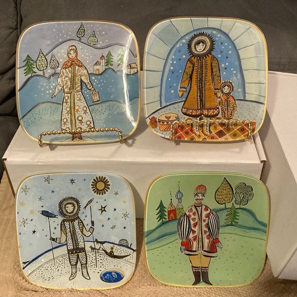 VTG Fragonard Parfumeur Folk Art Glass Decor Plates-Square Set of 4-5.75" D-EUC - Picture 4 of 12